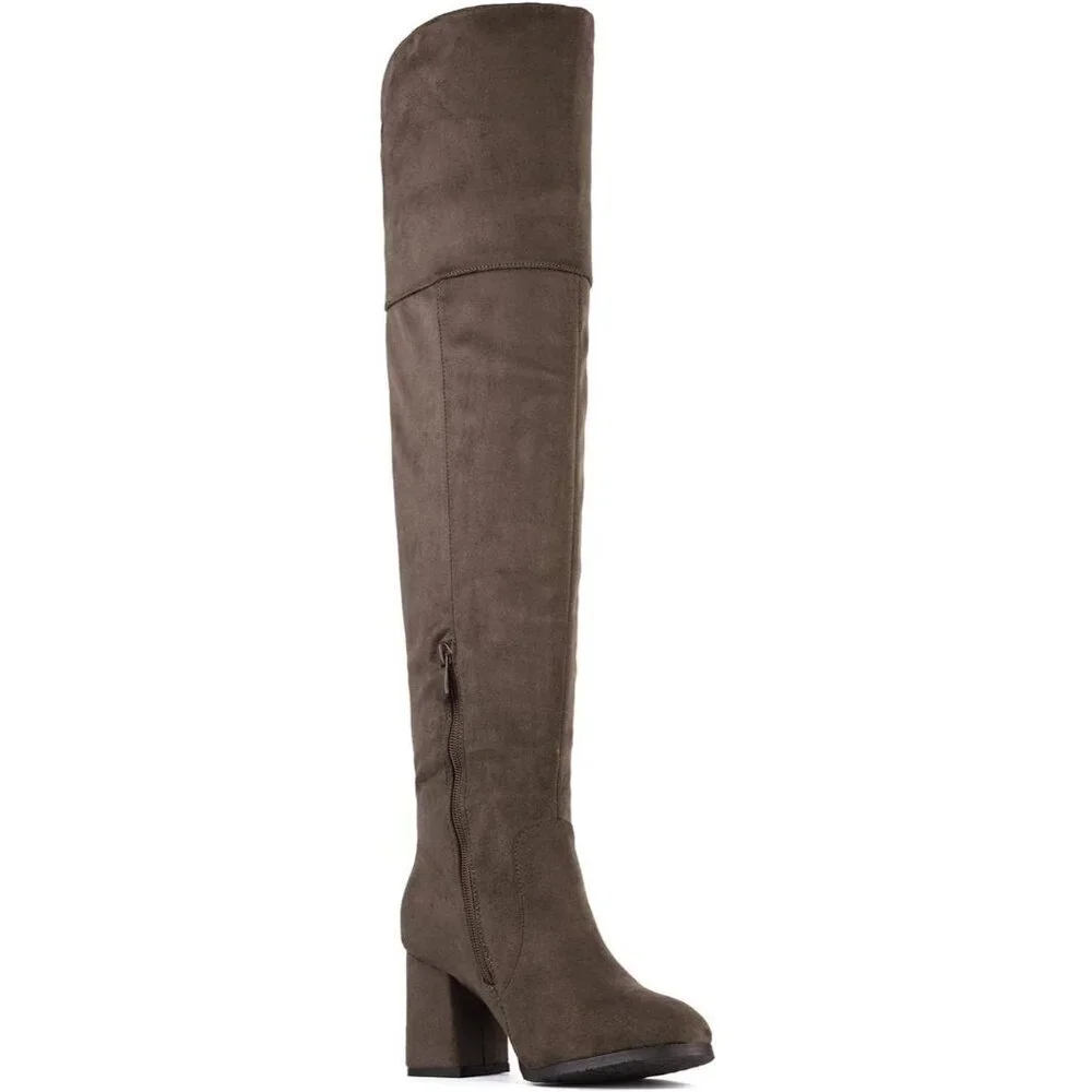 Women's Khaki Faux Suede Thigh High Block Heel Over The Knee Long Pointed Boot